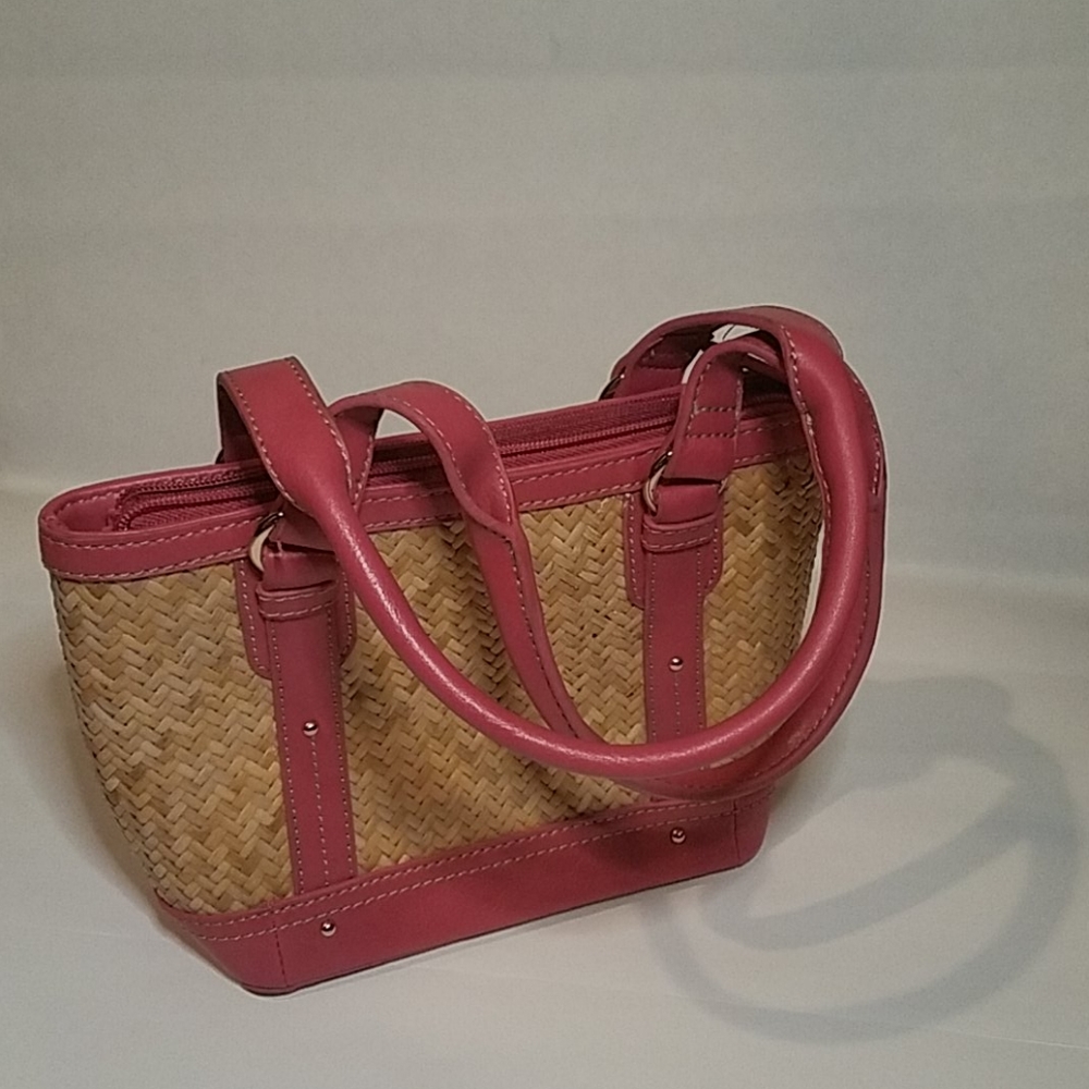 Etienne Aigner Pink Leather and Straw Tote Bag Fabric Lined